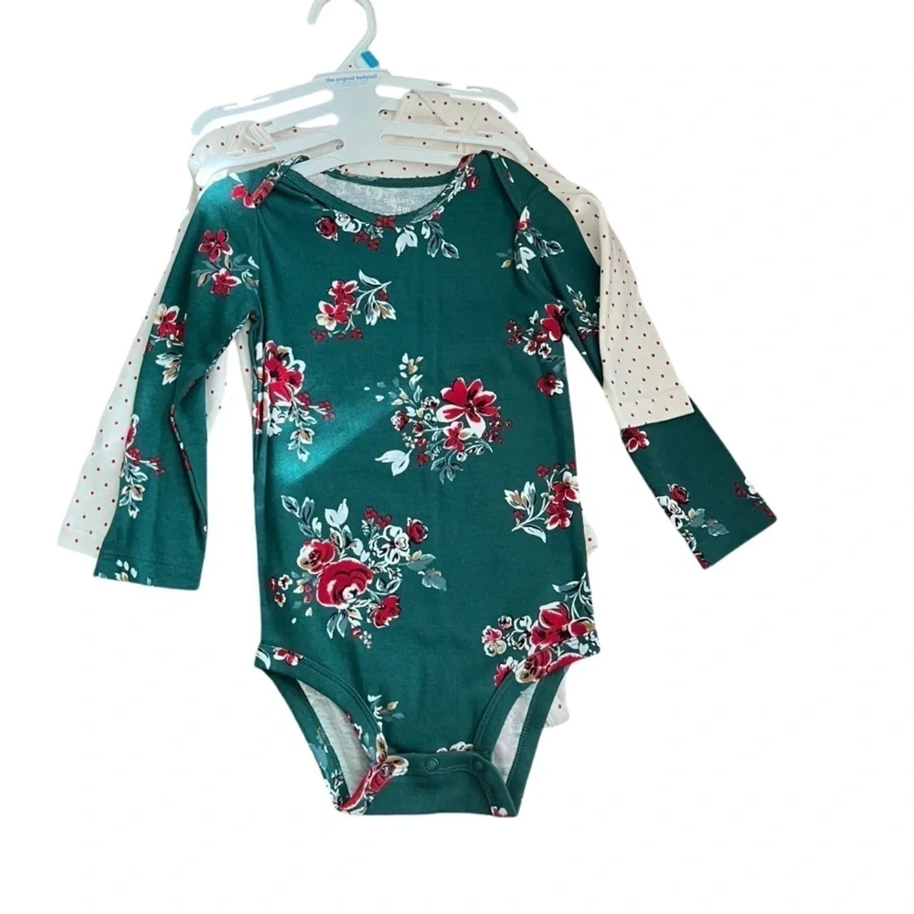 Carter’s Baby Toddler Girl 2 piece Bodysuit 24M Floral Polka Dot Christmas NWT